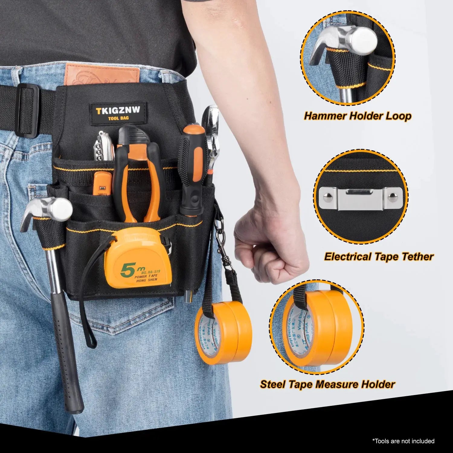 TKIGZNW tool belt with black pouch and orange trim; hammer loop and tape measure holder visible.