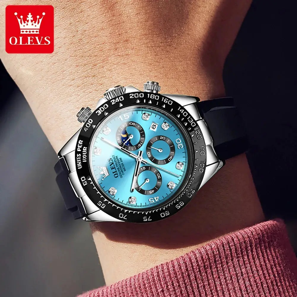 OLEVS 2875 men's quartz chronograph watch with turquoise dial and silicone strap