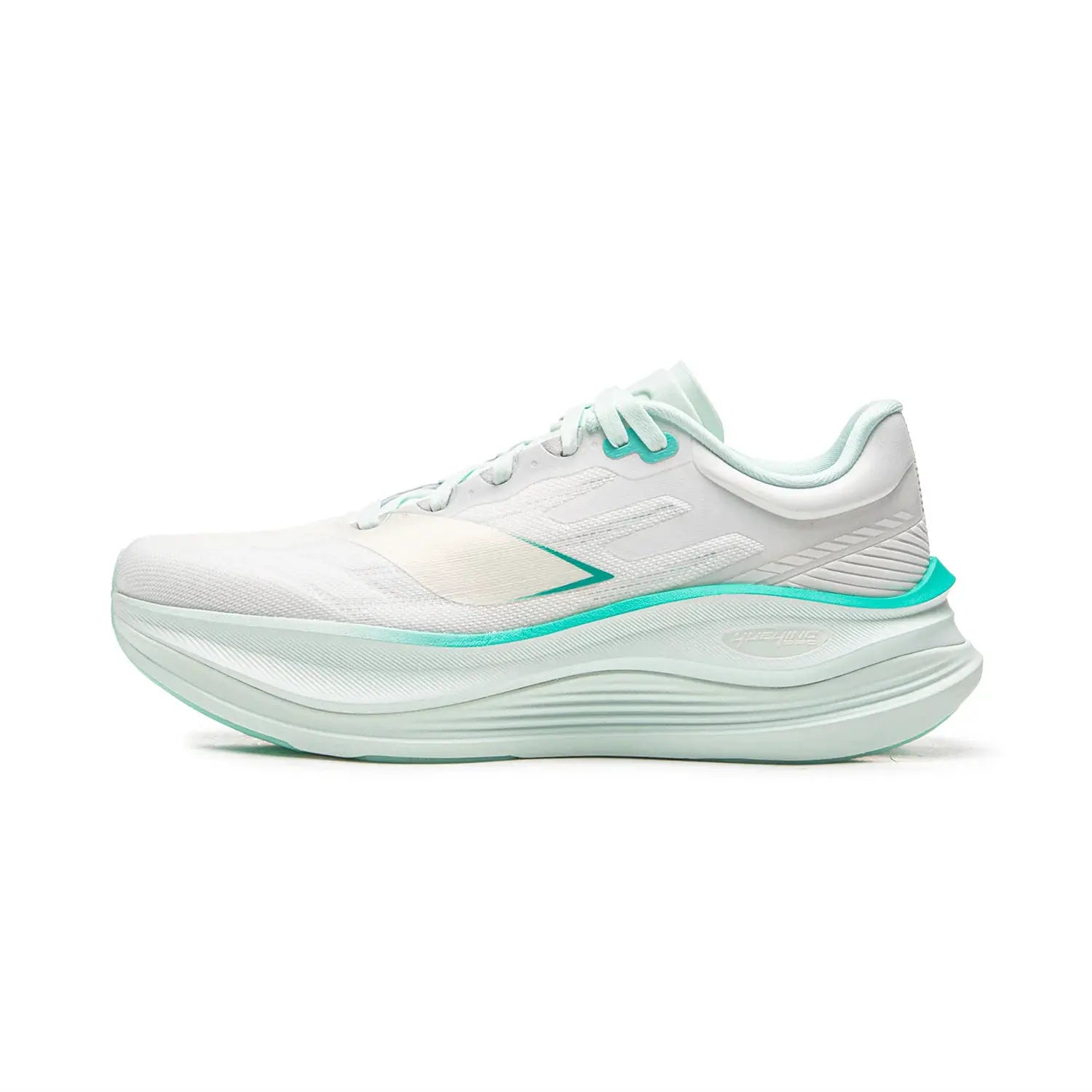 LiNing Yueying 5 Pro running shoe, white with mint teal accents and thick cushioned sole