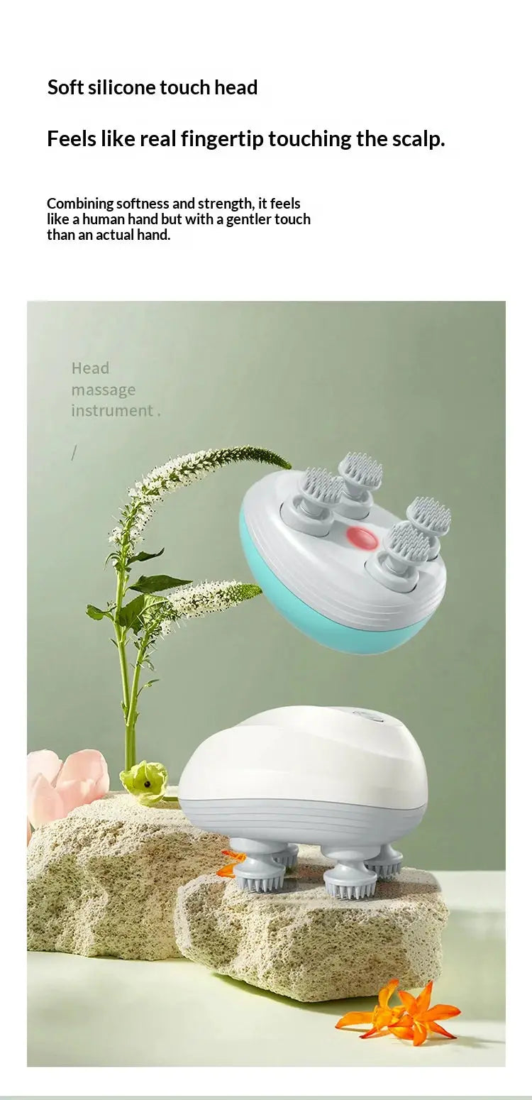 Simples Market two-piece deep scalp massager with soft silicone brush heads, white and teal, portable