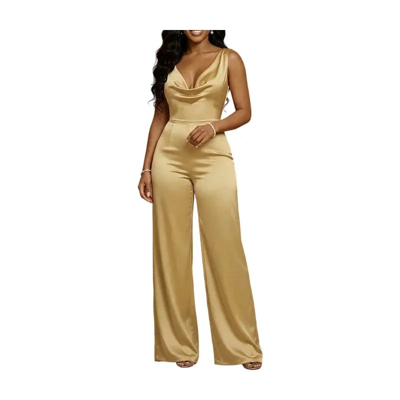 Women’s gold satin sleeveless V-neck cowl wide-leg jumpsuit