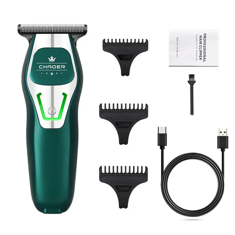 Professional hair clipper by Simples Market in green with silver accents; includes 3 comb guards (1–3mm) and USB cable.