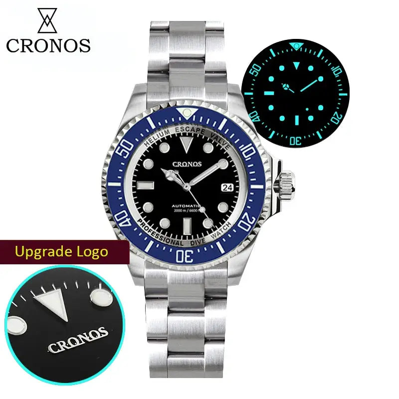 Cronos automatic diving watch, stainless steel bracelet, blue bezel, luminous markers, 2000m water resistance