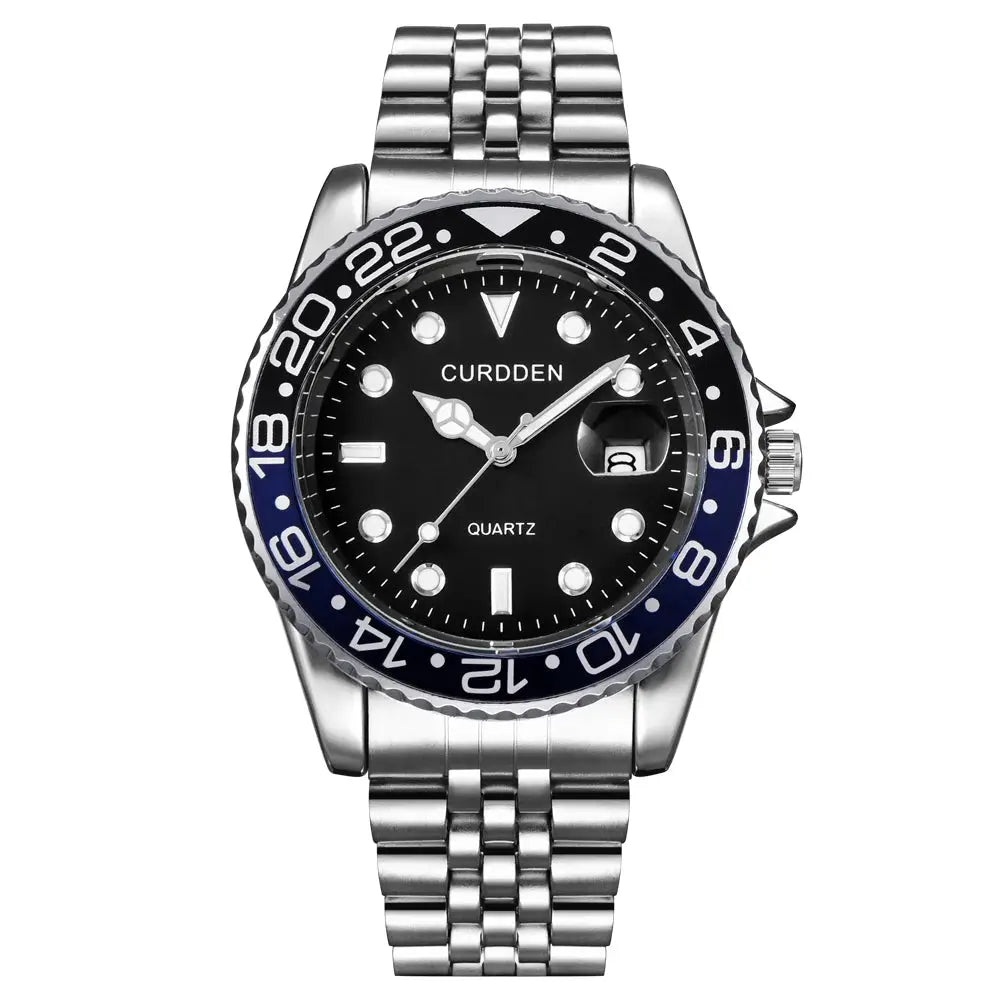 Men Calendar Quartz Watch With Green Dial Stainless Steel Band Full Calendar Function Casual Everyday Timepiece