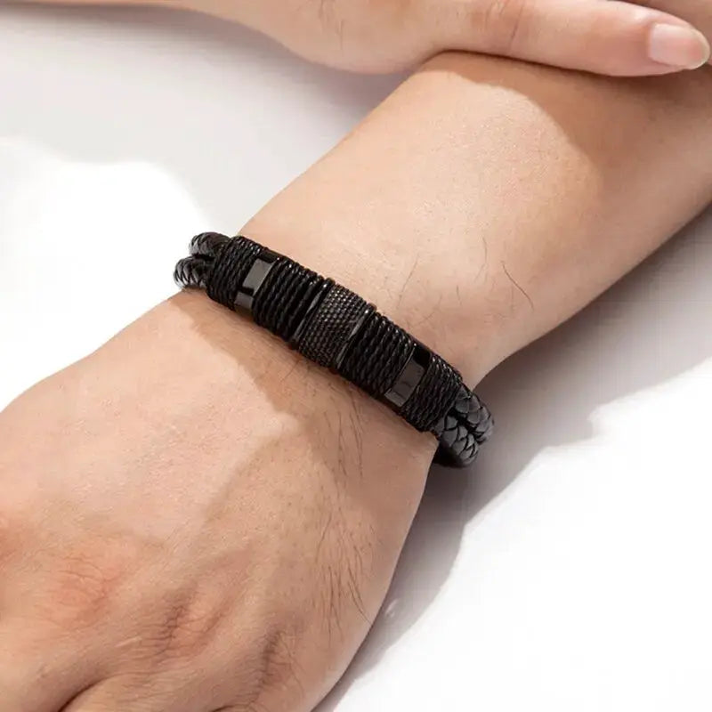 Vintage Woven Leather Rope Wrap Bracelets for Men with Stainless Steel Accents Punk Wristband Jewelry Gift