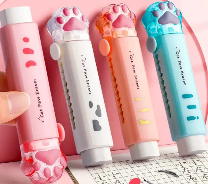 Cat-paw erasers with retractable push-pull design; four pastel colors (pink, white, peach, blue)