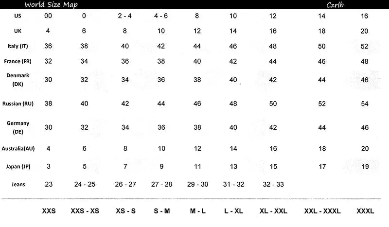 World Size Map chart showing US, UK, EU and Japan jeans sizes for Simples Market denim shorts