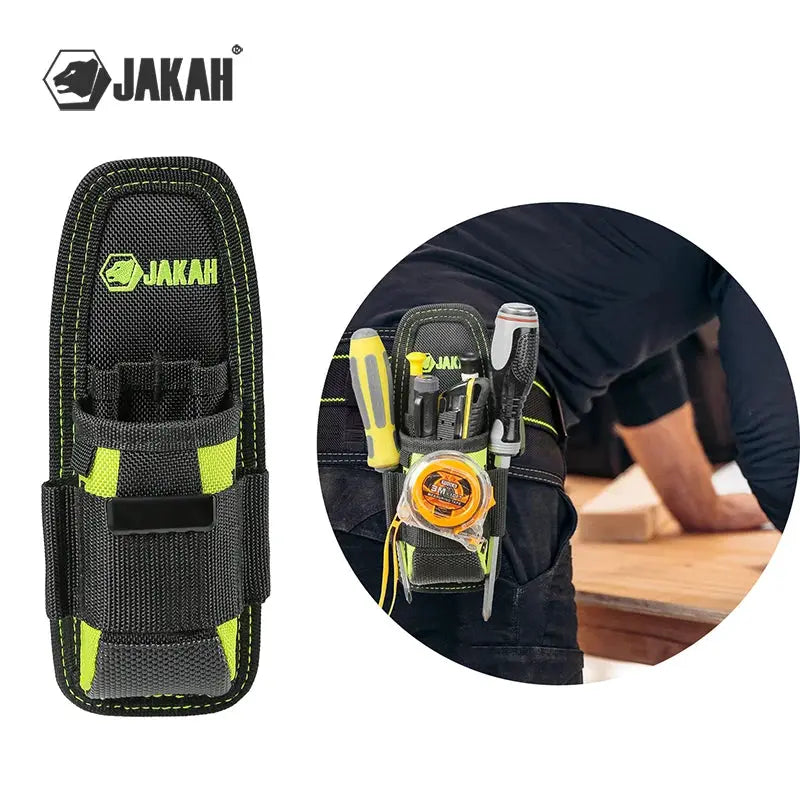 JAKAH small tool holder mini work organizer pouch with knife holder and snap clip, black with neon green accents.
