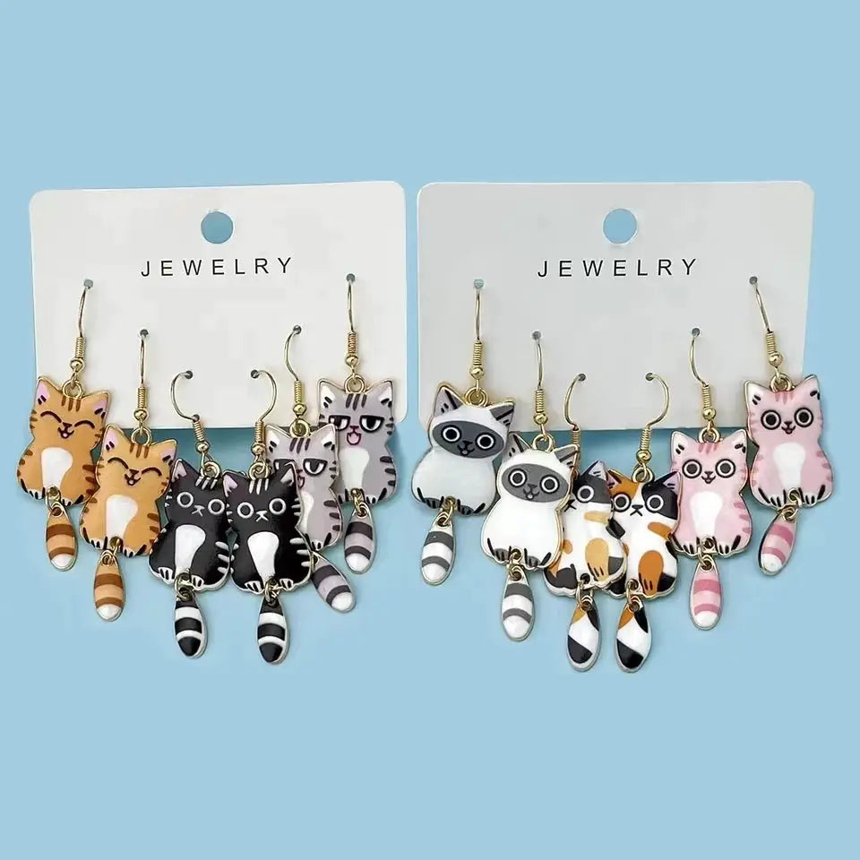 Three Pairs Colorful Cat Ear Dangle Earrings Set Enamel Alloy Hanging Tail Jewelry Cute Gift for Women and Girls