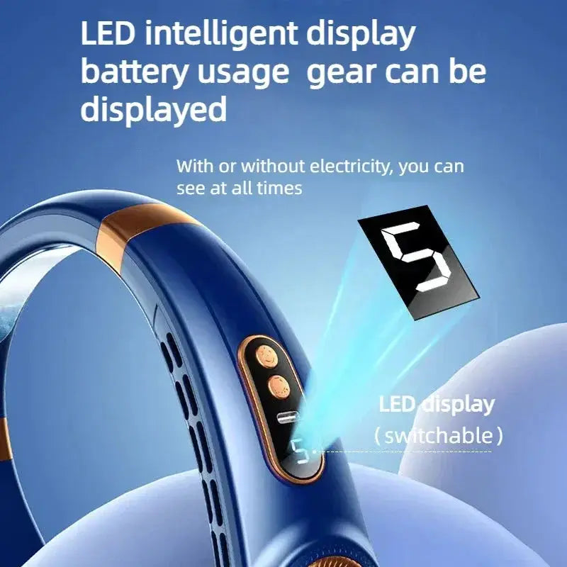 JKUOO Portable Neck Fan in blue with bladeless design and LED display panel