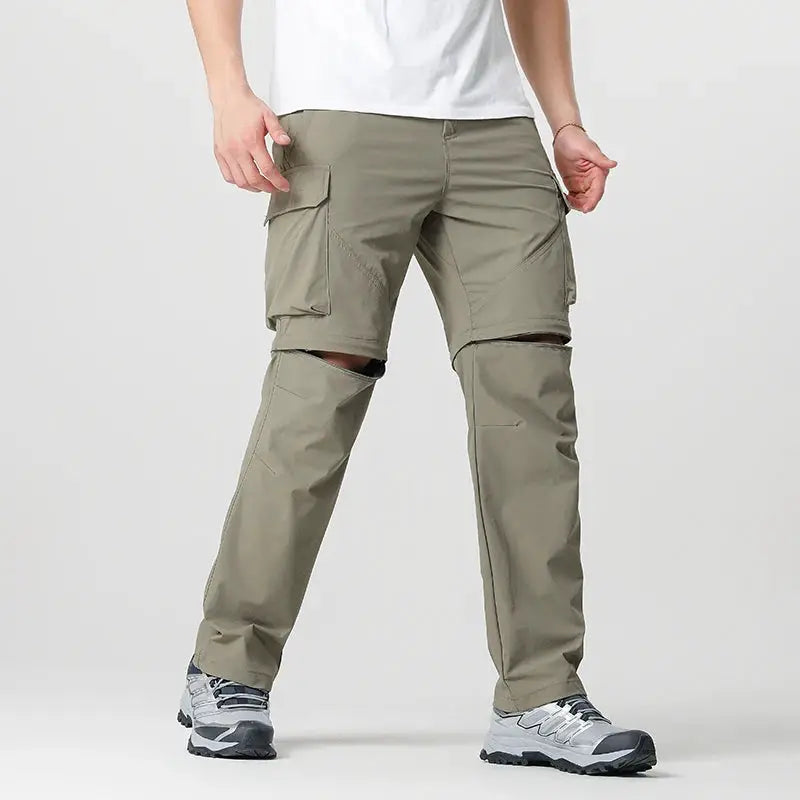 Men's olive cargo hiking pants by Simples Market with knee rips and multiple pockets.