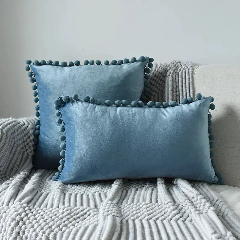 Velvet cushion covers in blue with pom-pom tassel fringe, Simples Market, set of 2 decorative pillows