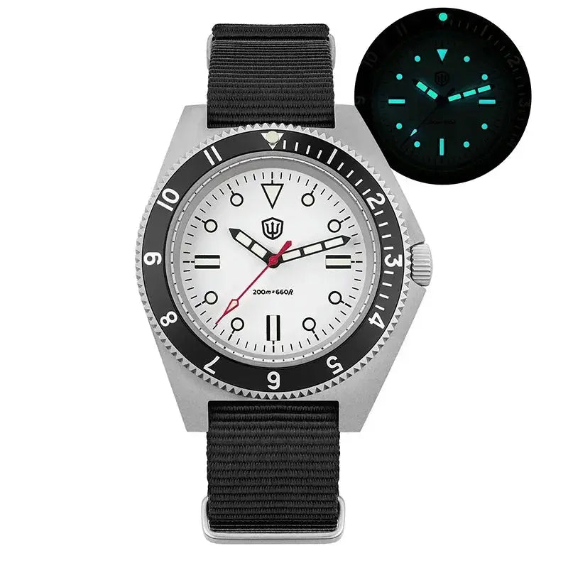 Watchdives WD1972 quartz dive watch with white dial, black bezel, nylon strap, 200m water resistance