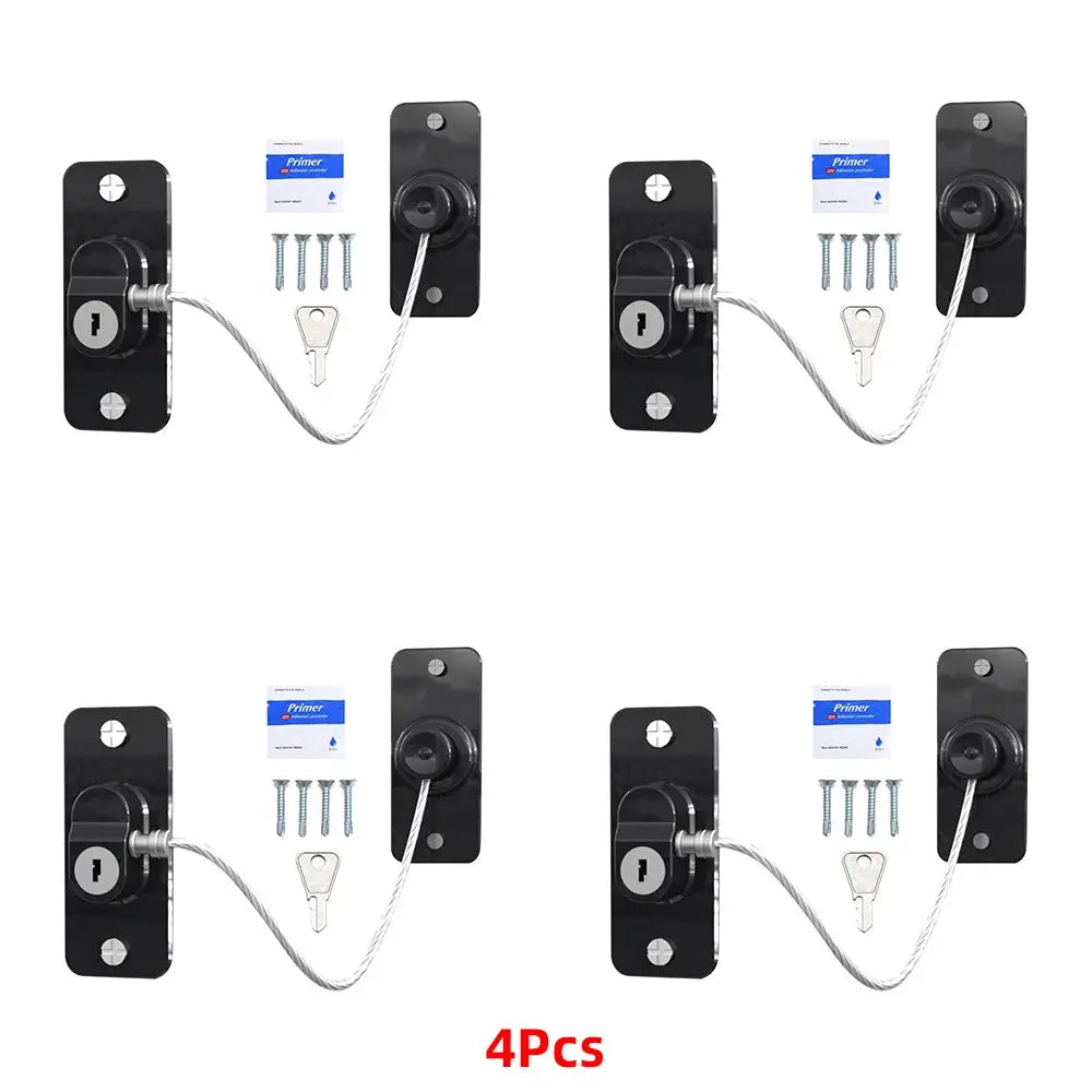 Simples Market 4-piece child safety window lock set with black metal plates, steel cable, screws and keys.
