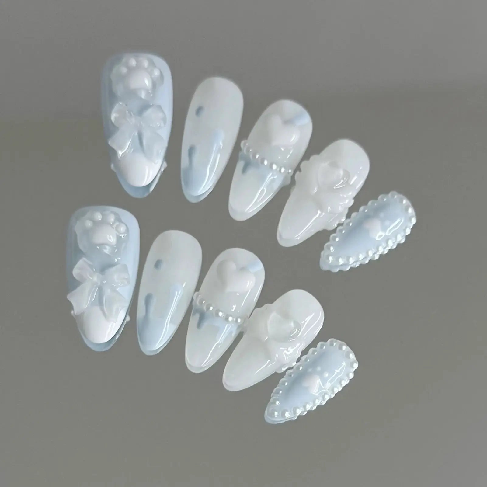 BearPaw Studio Handmade Press On Nails With Bear Paw Design Light Blue Almond Shaped Korean Inspired Aesthetic ABS