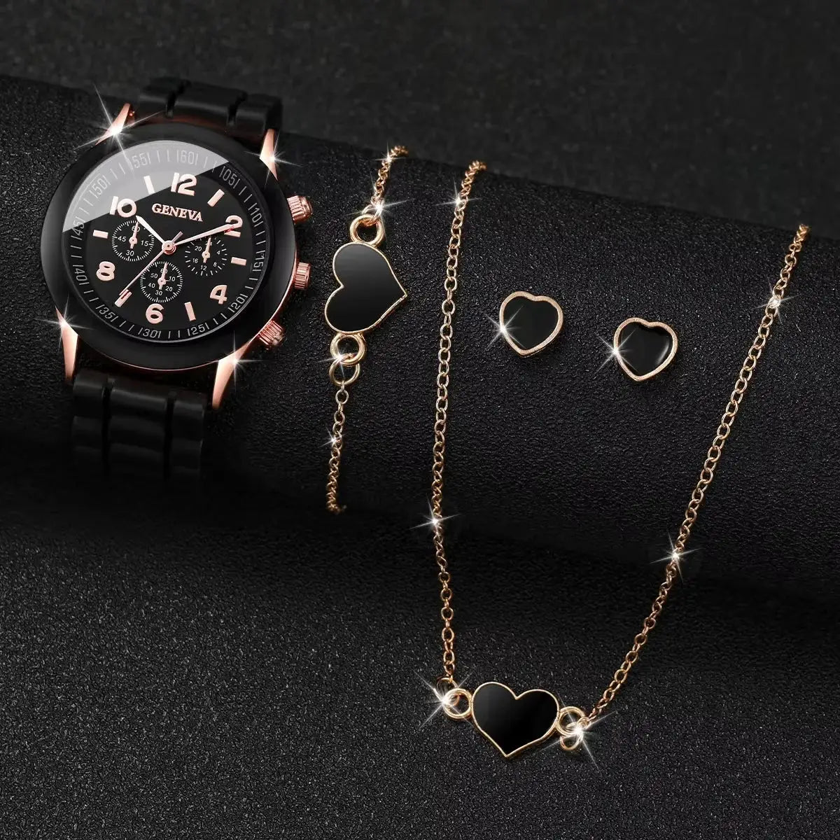 Women's Geneva watch with black dial and silicone strap; 5/6pc jewelry set with rose-gold heart necklace and earrings
