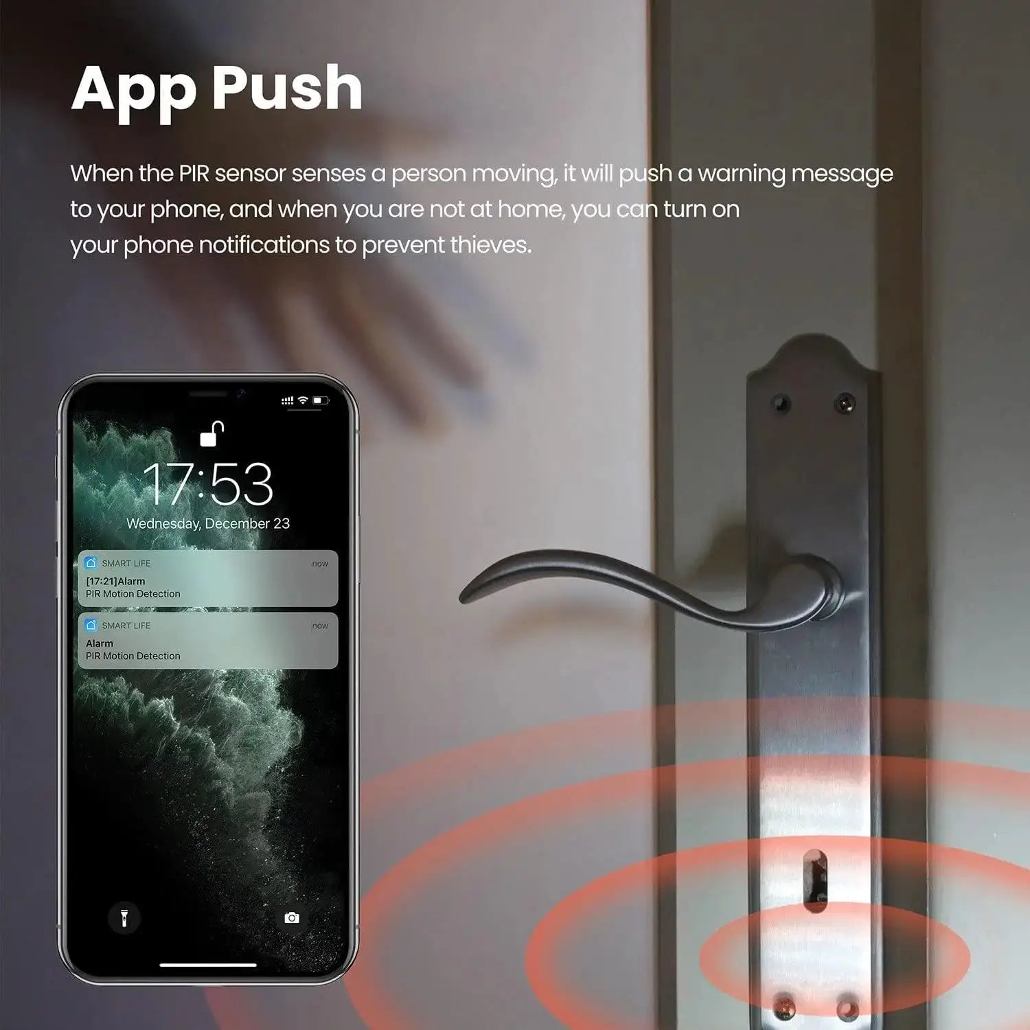 Tuya 2-in-1 Zigbee PIR motion detector with lux light, app-connected security sensor with phone alerts beside a door.