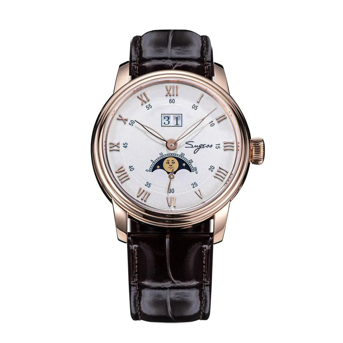 Sugess Moonphase men's 40mm automatic watch with rose-gold case and blue sandstone dial, brown leather strap