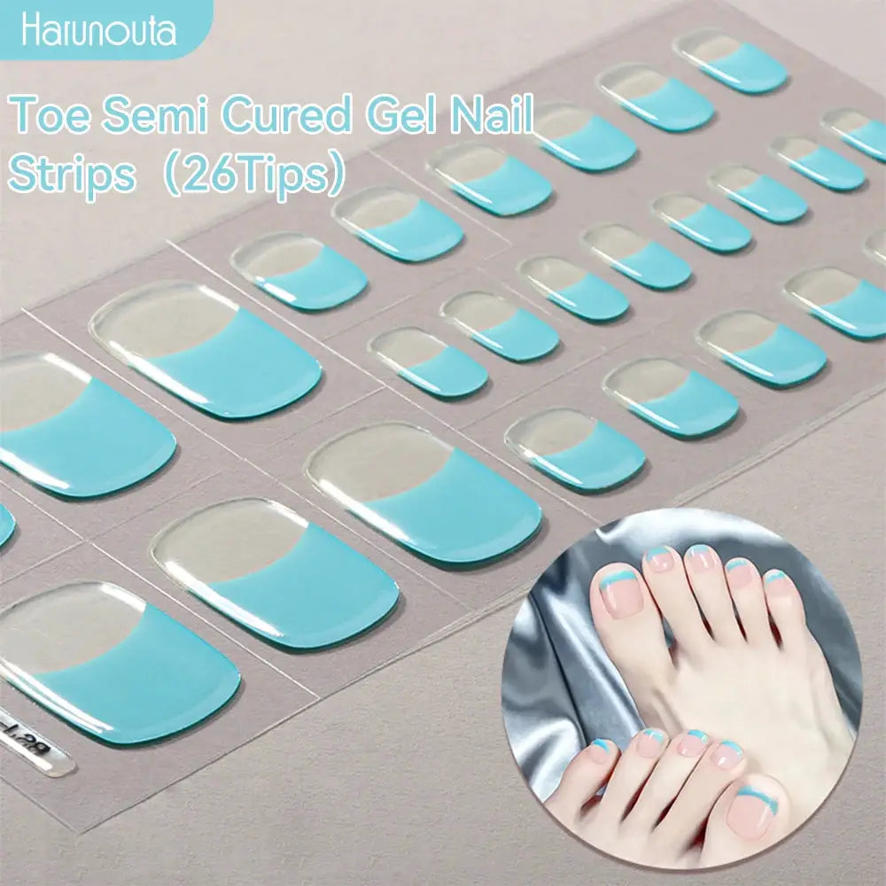 Harunouta toe semi-cured gel nail strips in turquoise gradient, 26 tips, shown with toe-nail application inset