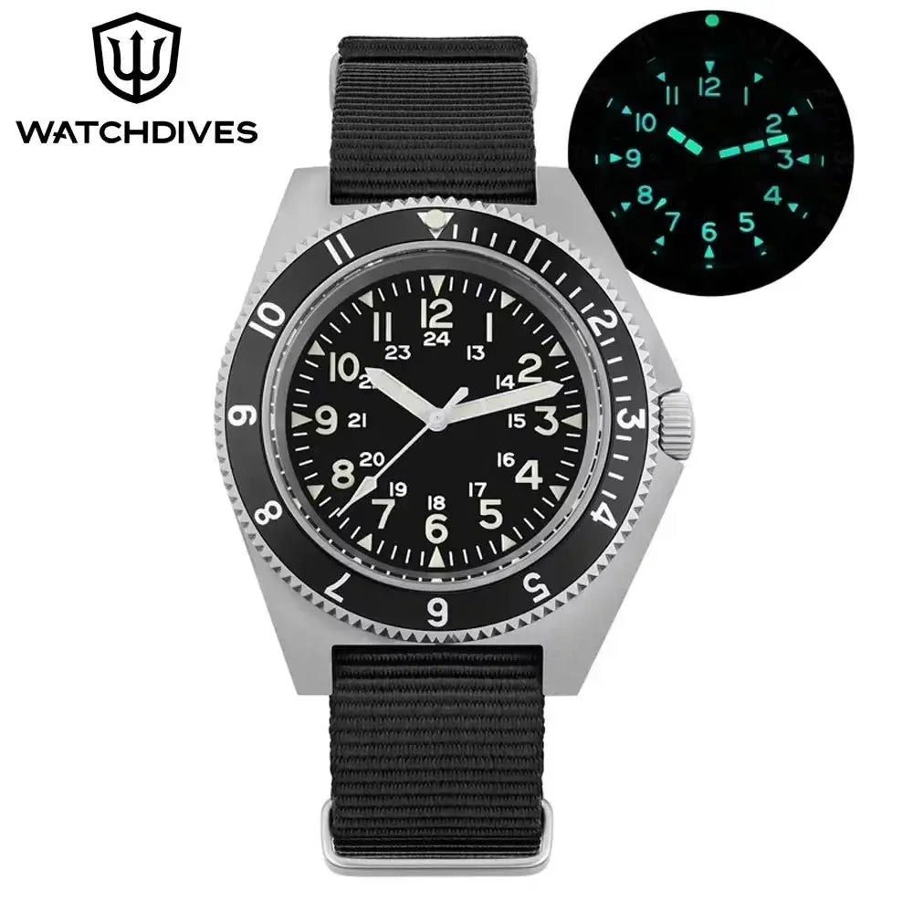 Watchdives WD1972 quartz watch with black dial, black nylon strap, luminescent markers