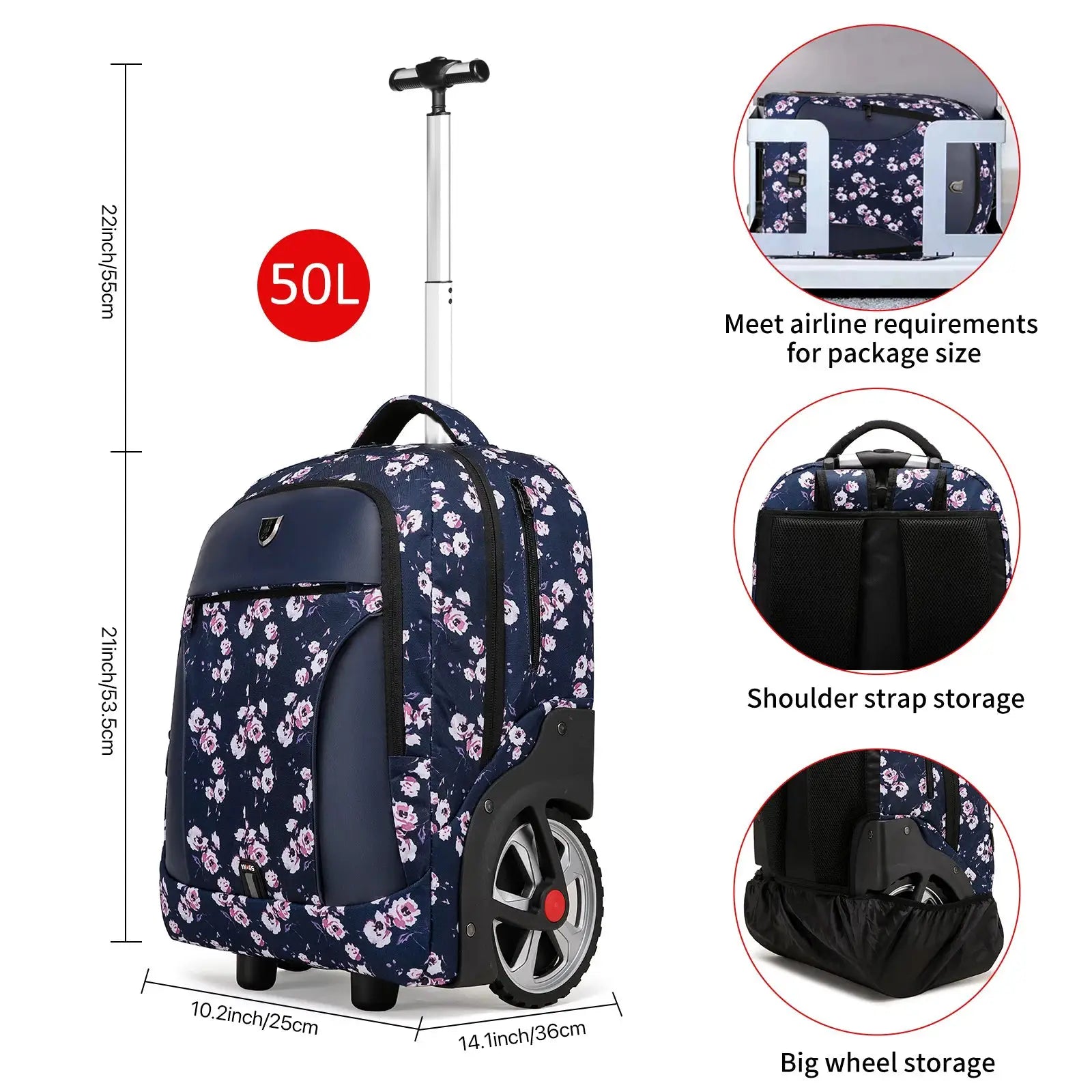 20-inch rolling luggage backpack by Simples Market, navy floral pattern, 50L capacity with wheels