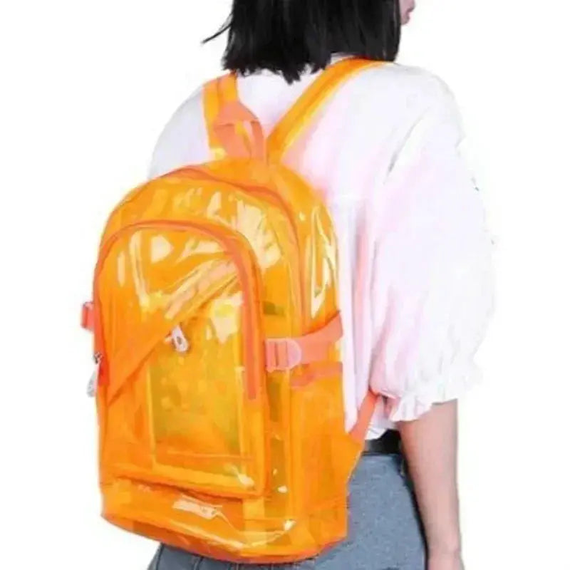 Backpack by Simples Market: transparent orange PVC school bag with multiple compartments.