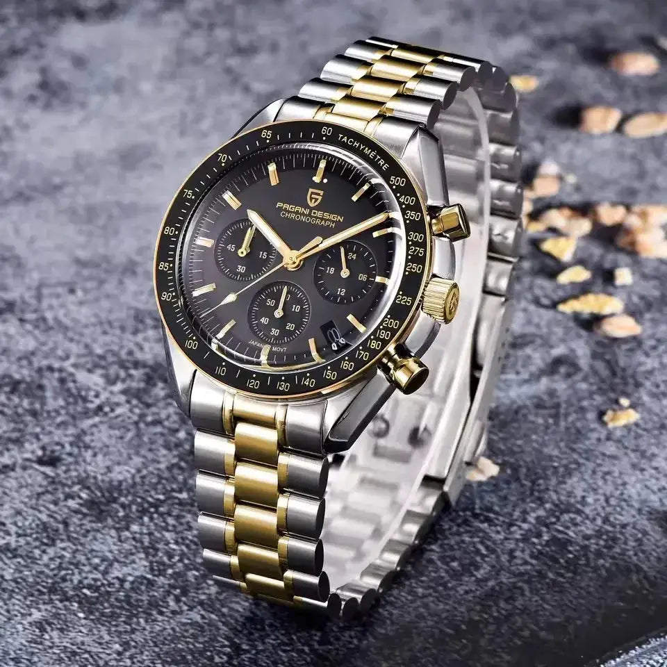 Pagani Design PD1701 two-tone stainless steel chronograph men's watch with black dial and gold-tone bezel