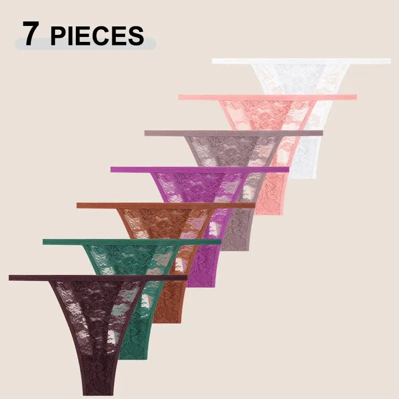 7-piece women's lace G-string thong set in assorted colors with floral lace.