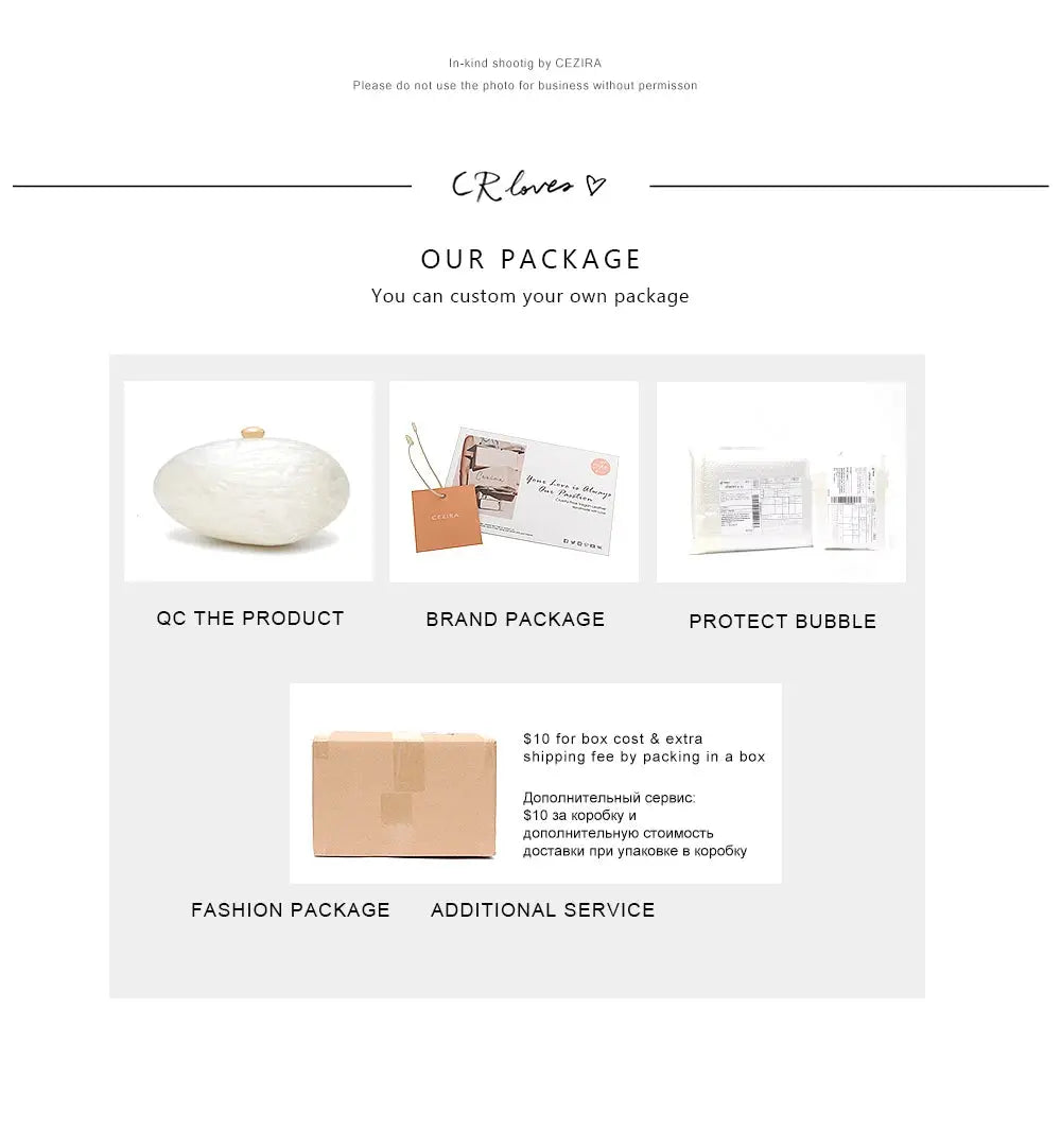 White shell-shaped acrylic clutch packaging options for Simples Market fashion bag; CEZIRA branding