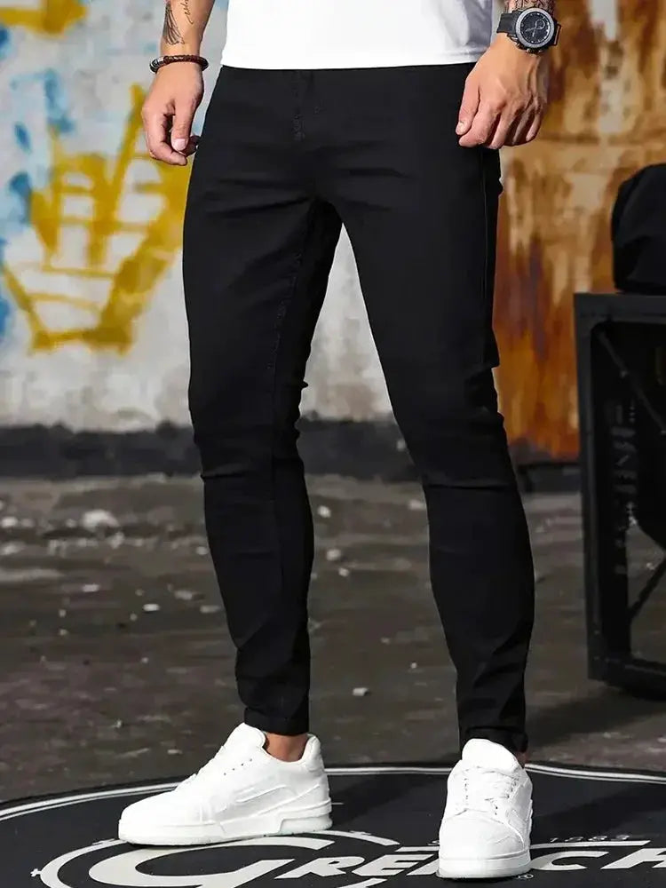 Men's black stretch skinny denim jeans, slim-fit pants by Simples Market