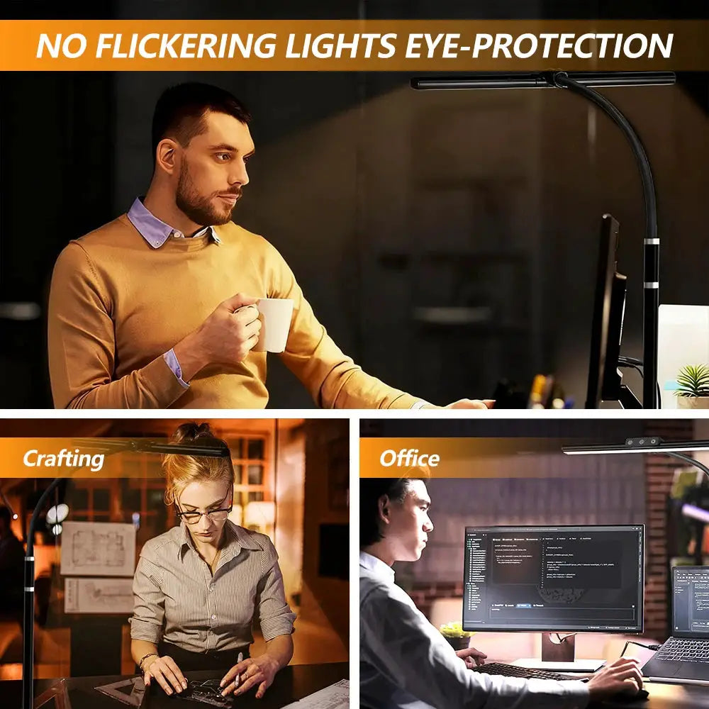 Eye-care LED clip-on desk lamp by Simples Market, black metal with adjustable gooseneck and rotating head