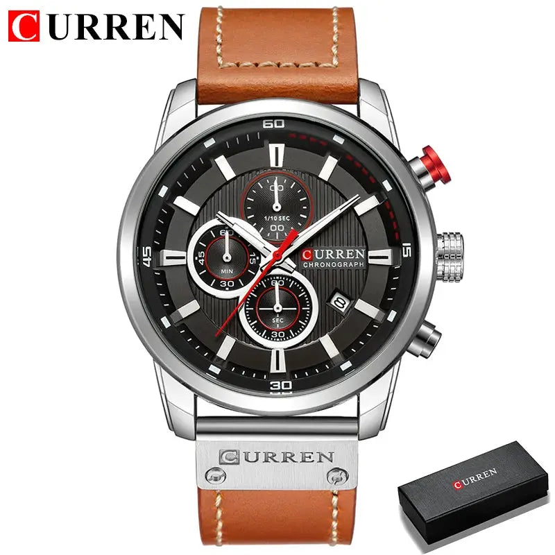 Curren 8291 men's quartz chronograph watch with brown leather strap and black dial