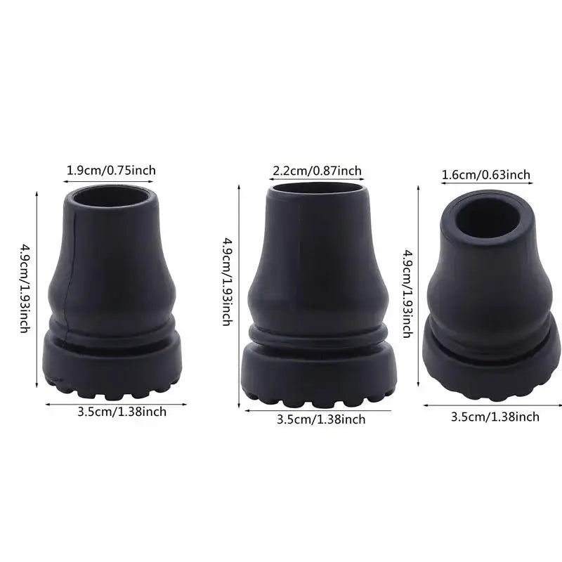 Walking stick bottom tips set, anti-skid black rubber for 16–22 mm poles; includes three tips in different sizes