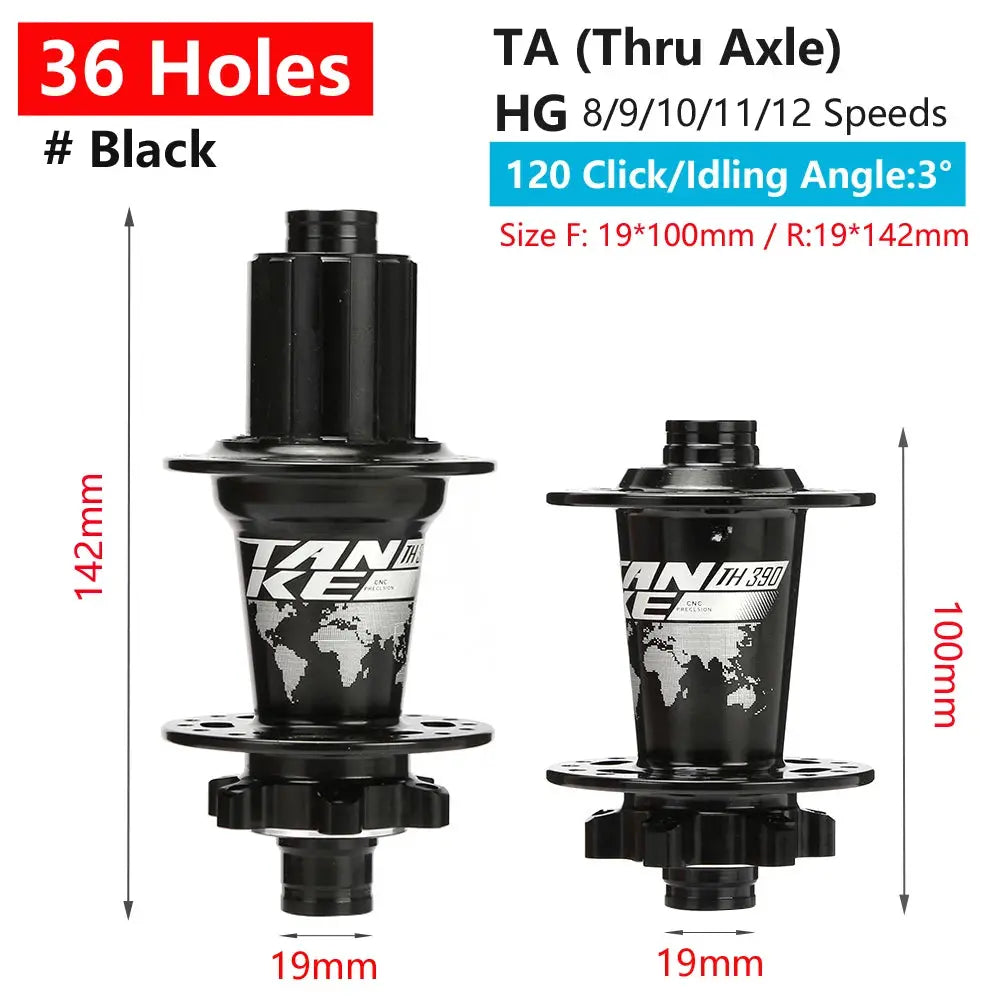 TanKe 120 Click MTB Front Rear Hub 120 Engagement 6 Bearings Thru Axle HG 8 9 10 11 12 Speed Disc Brake 28 32 36 Holes