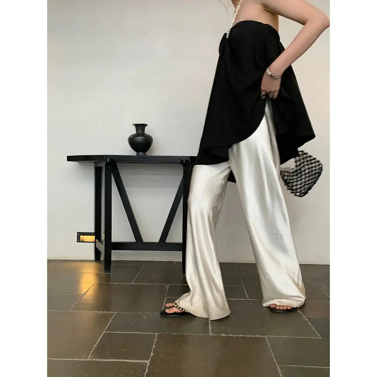 VelvetBloom Satin Wide Leg Pants With High Waist Elastic Closure For All Day Comfort And Elegant Summer Style