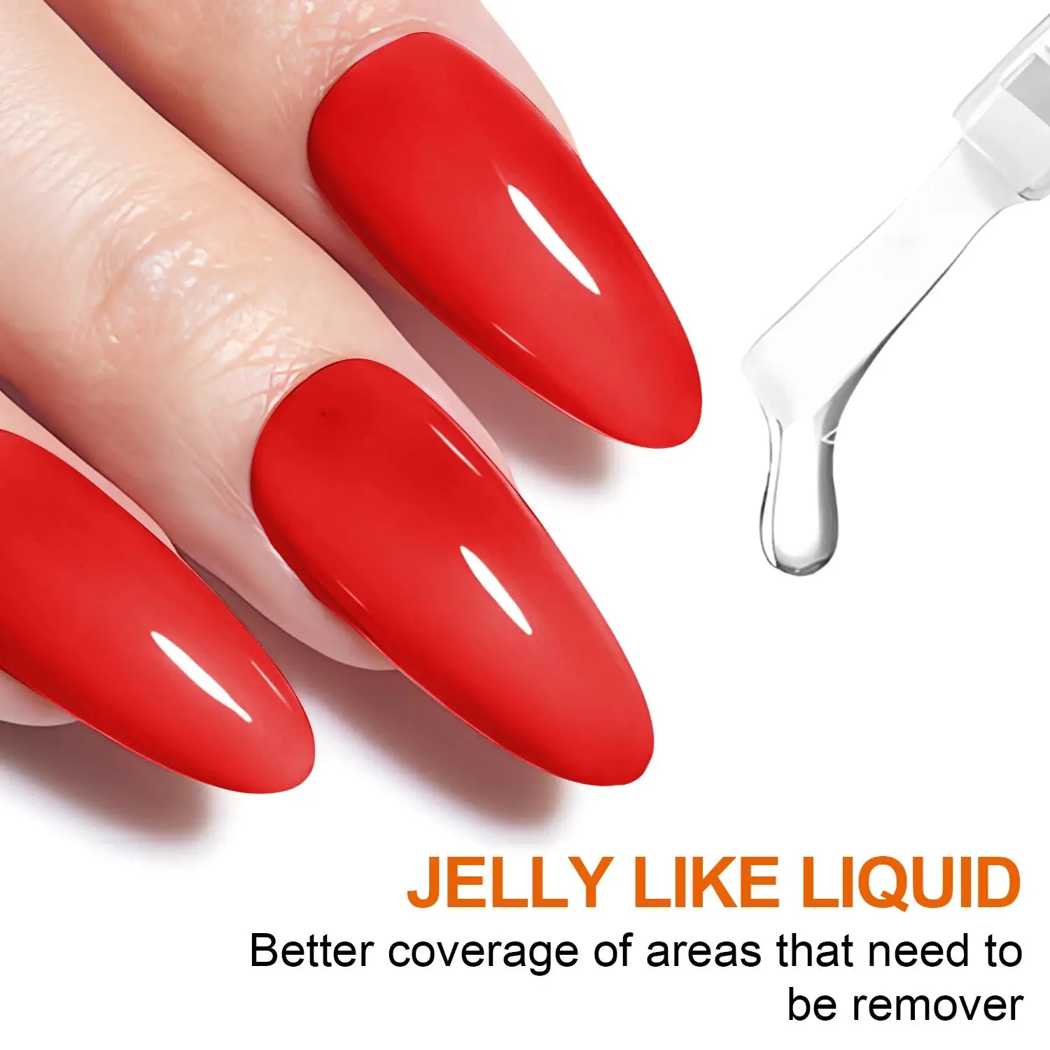 TWOING Nail Gel Polish Remover by Simples Market; close-up of red nails and a dropper dispensing jelly-like liquid