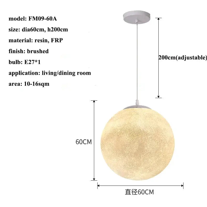 Simples Market Nordic Moon LED Pendant Light, 60 cm diameter, brushed resin/FRP, adjustable 200 cm cord.