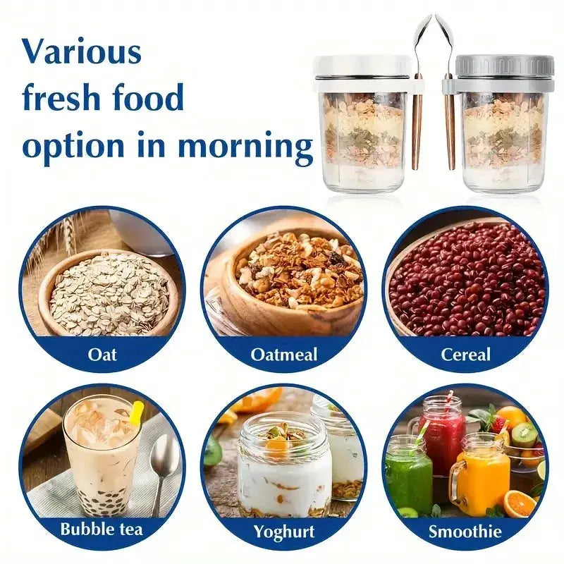 350ml Glass Overnight Oats Cup Portable With Lid And Integrated Spoon