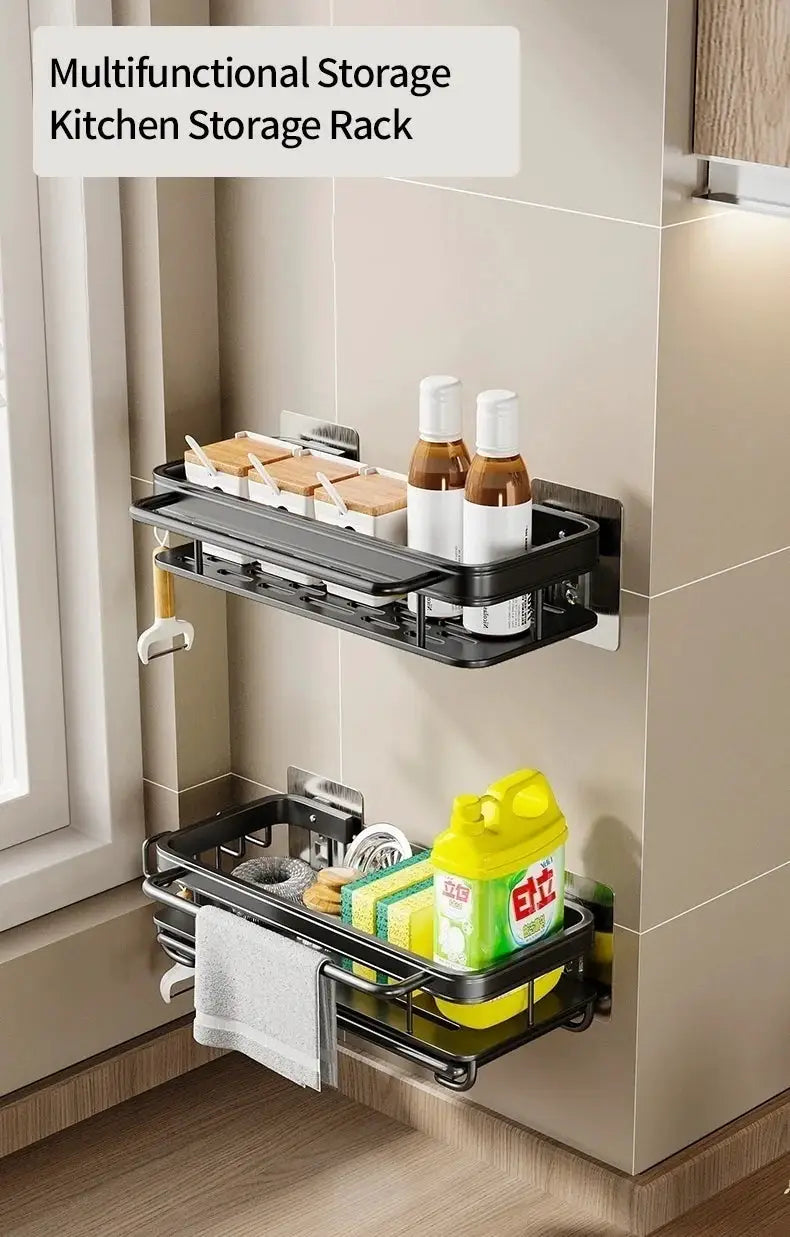 Multifunctional black metal kitchen wall shelf with two-tier storage, drying rack, no-drill mount