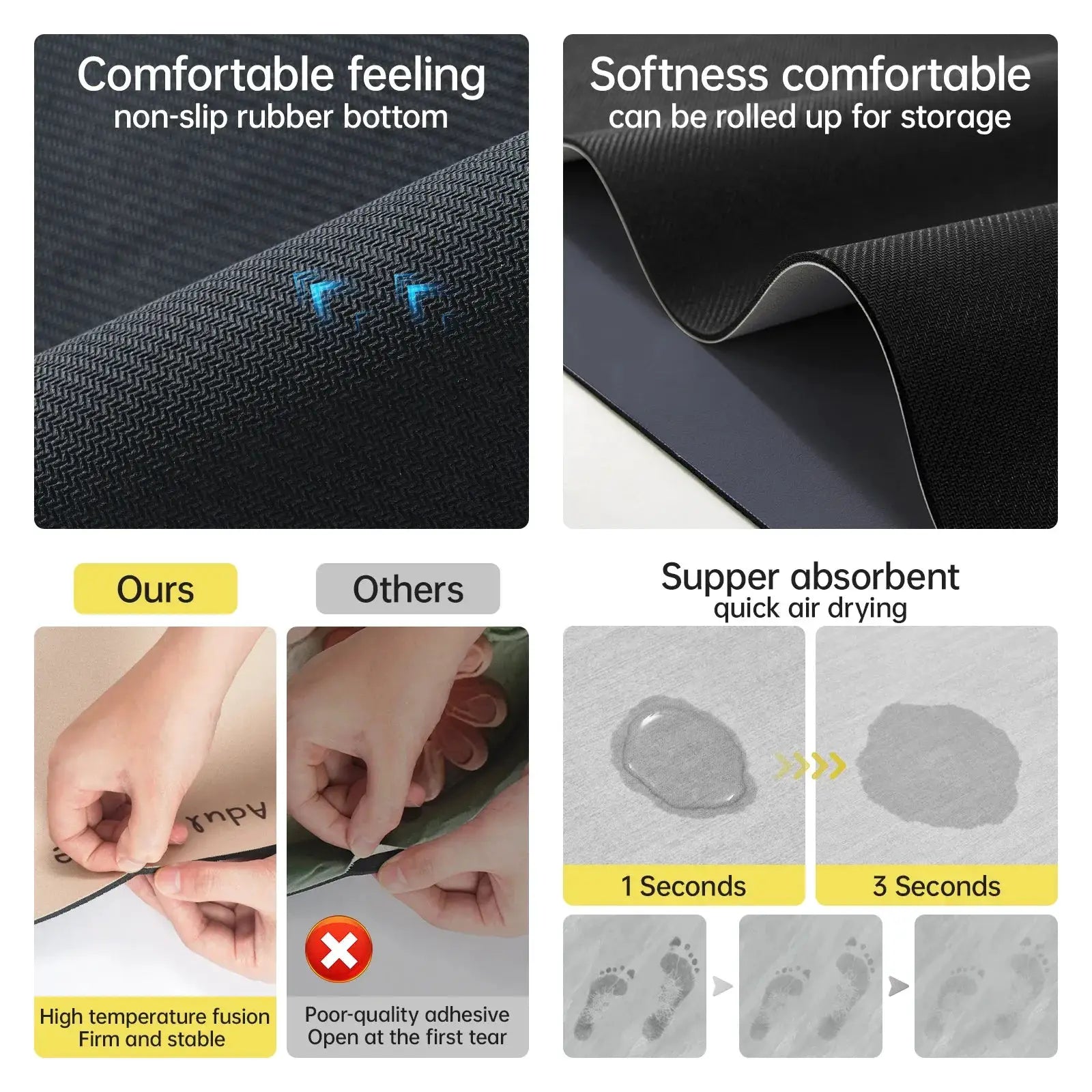 Rubber bathroom anti-slip floor mat by Simples Market; black, water-absorbing, quick-drying