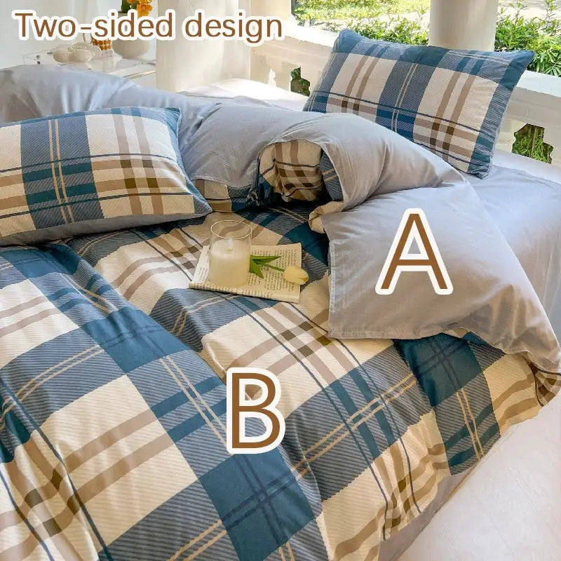 Two-sided bedding set with blue and beige plaid duvet cover and gray pillowcases