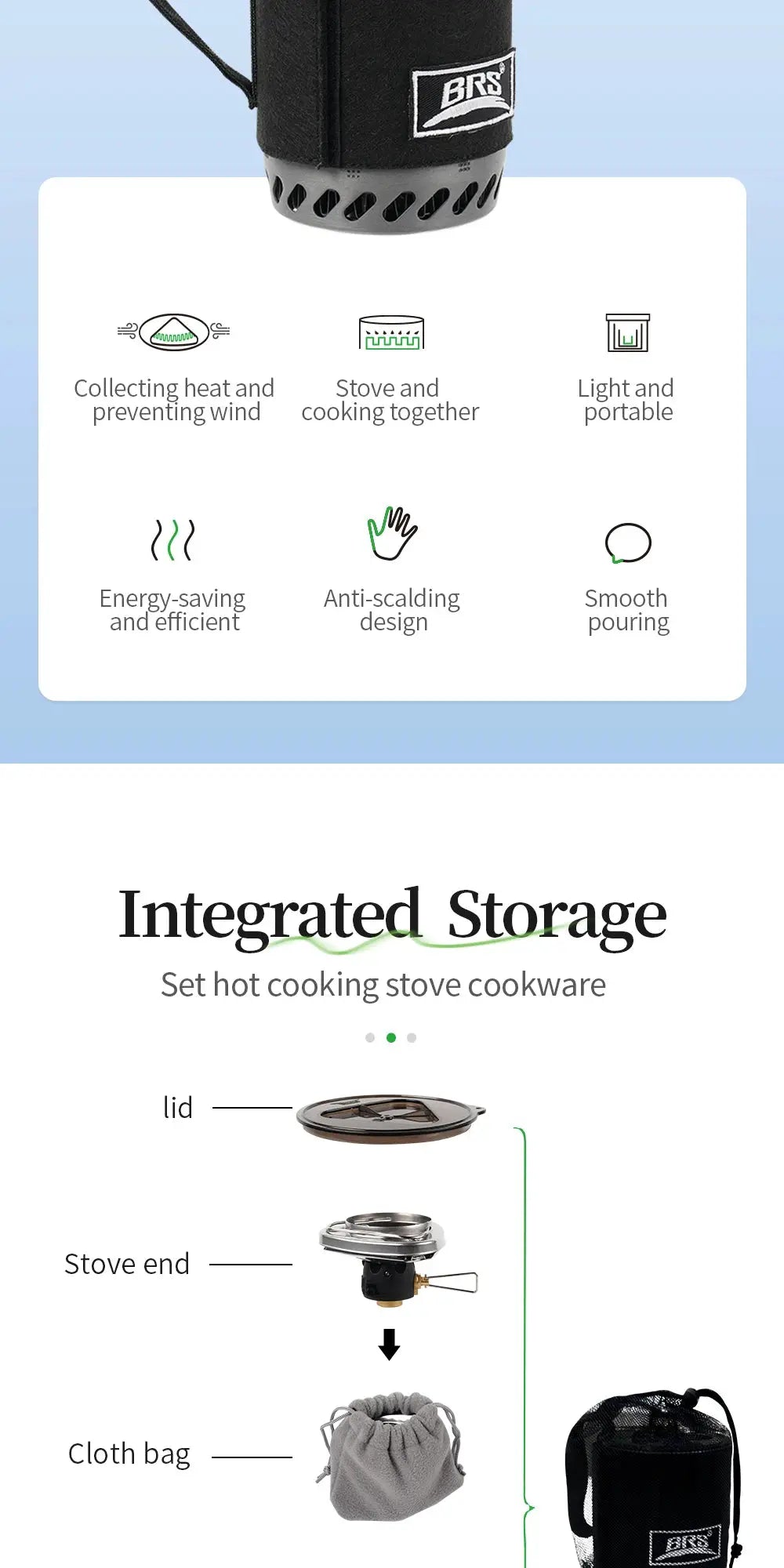 Simples Market BRS-61 camping stove system with integrated heat-collecting pot burner, ultralight and portable