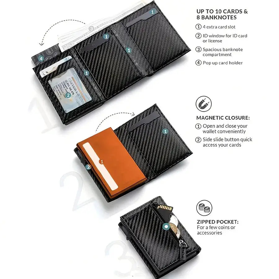 Unisex Minimalist Zipper Wallet With Coin Purse And Automatic Pop Up Metal Card Holder RFID Blocking