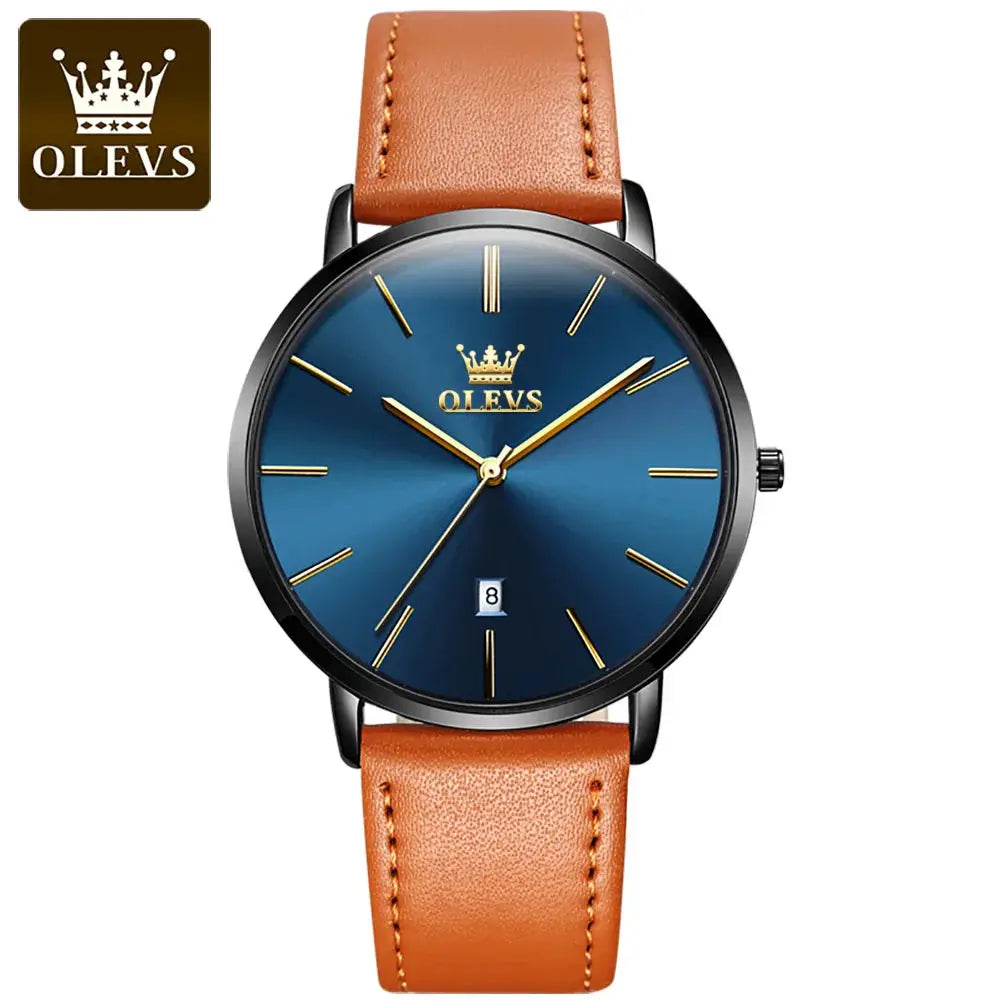 OLEVS men's quartz wristwatch with blue dial and tan leather strap.