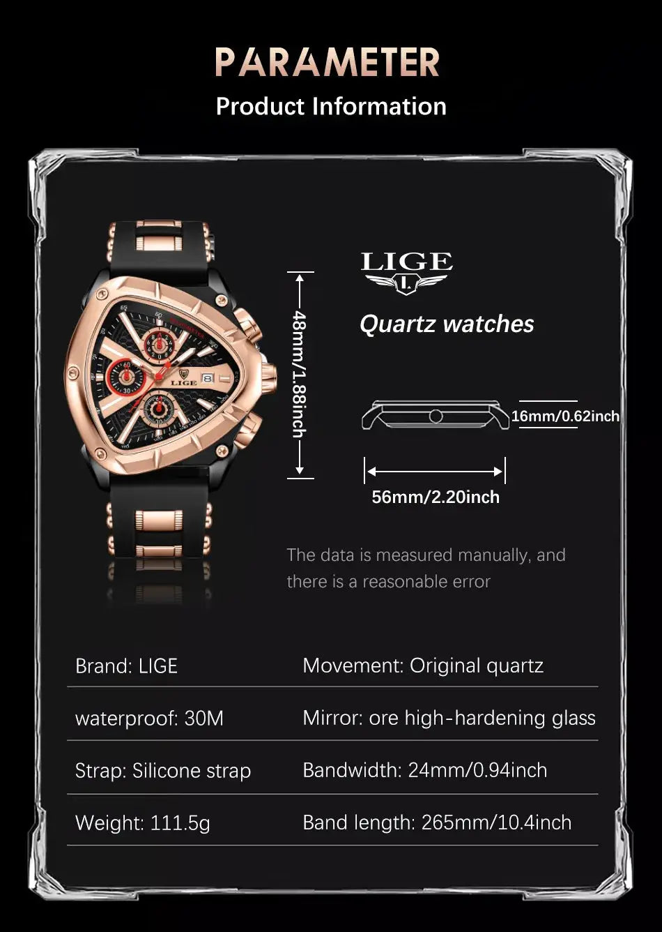 LIGE men's luxury quartz watch with rose-gold case, black dial, silicone strap, box included.