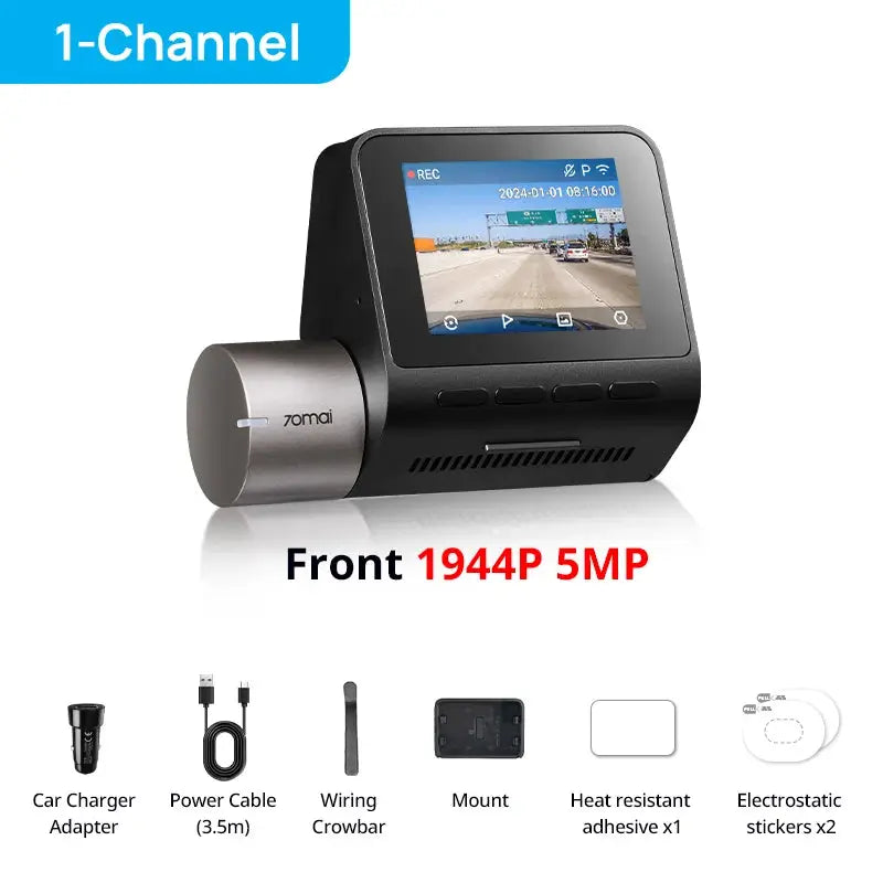 70mai A510 front dash cam in black, 1944P 5MP; includes car charger adapter, power cable, wiring crowbar, mount