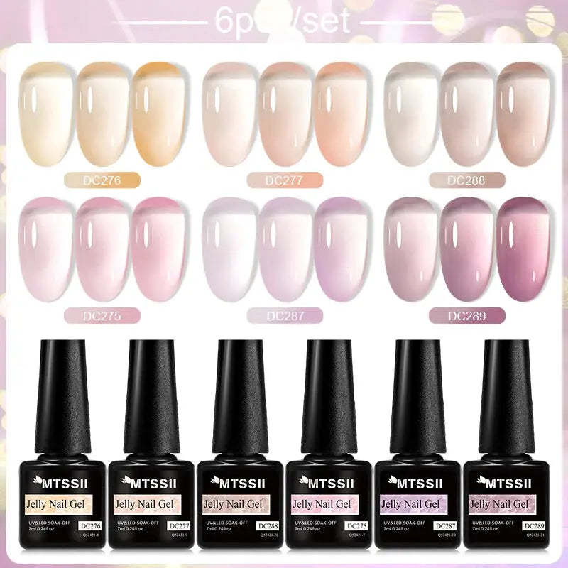 MTSSII Jelly Nail Gel 6pc set with 6 black UV soak-off bottles and 12 pastel jelly color swatches above