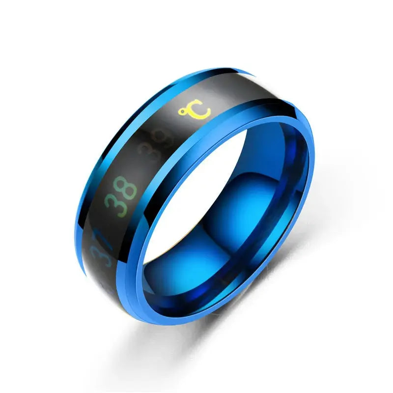 Smart blue stainless steel ring for couples with mood and temperature display, waterproof