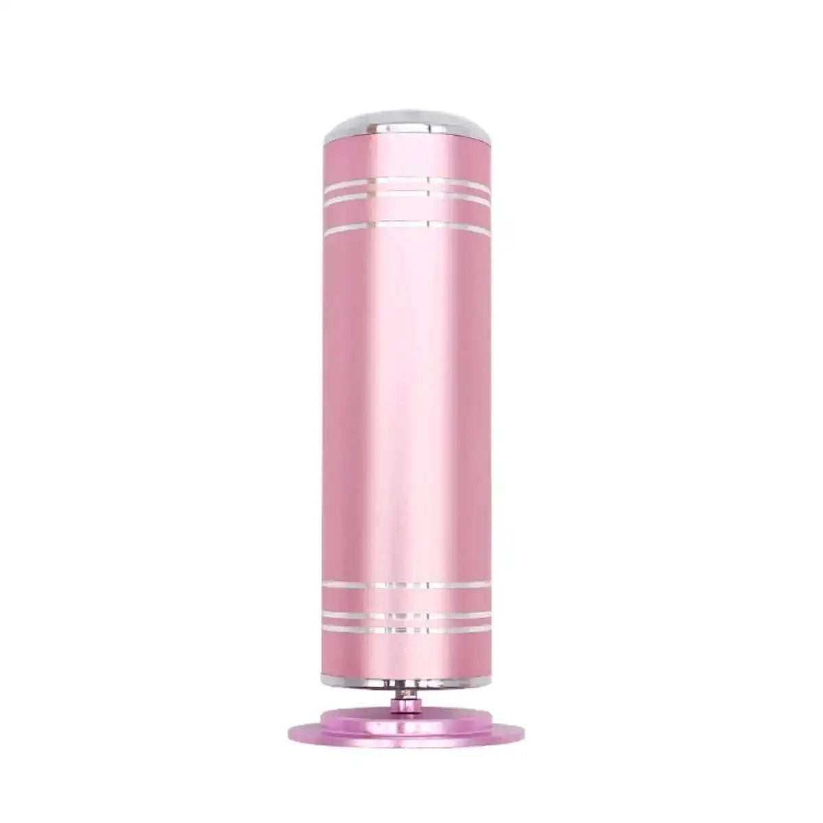 Electric foot grinder by Simples Market in pink with chrome bands and base, includes 60 replacement discs