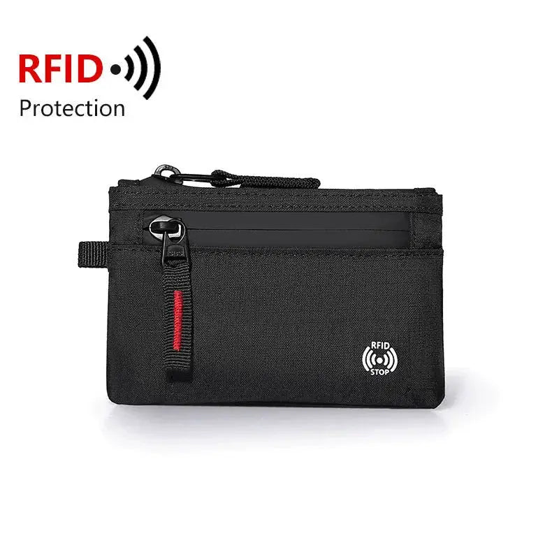 Zipper RFID wallet, black nylon mini coin purse with card holder and RFID protection